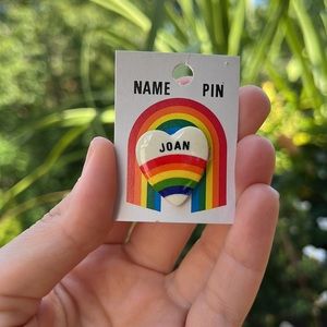JOAN Vintage Iconic 80s Ceramic White Heart Rainbow Name Pin